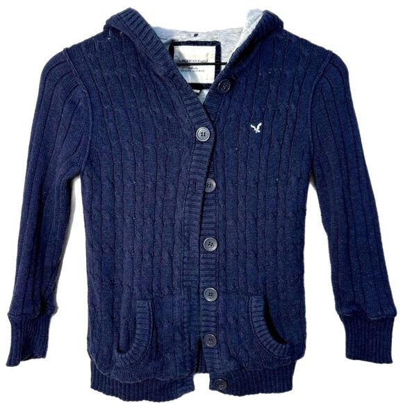 American Eagle Outfitters Cable Knit Hooded  Cardigan Kids M Navy Blue. - Picture 1 of 11